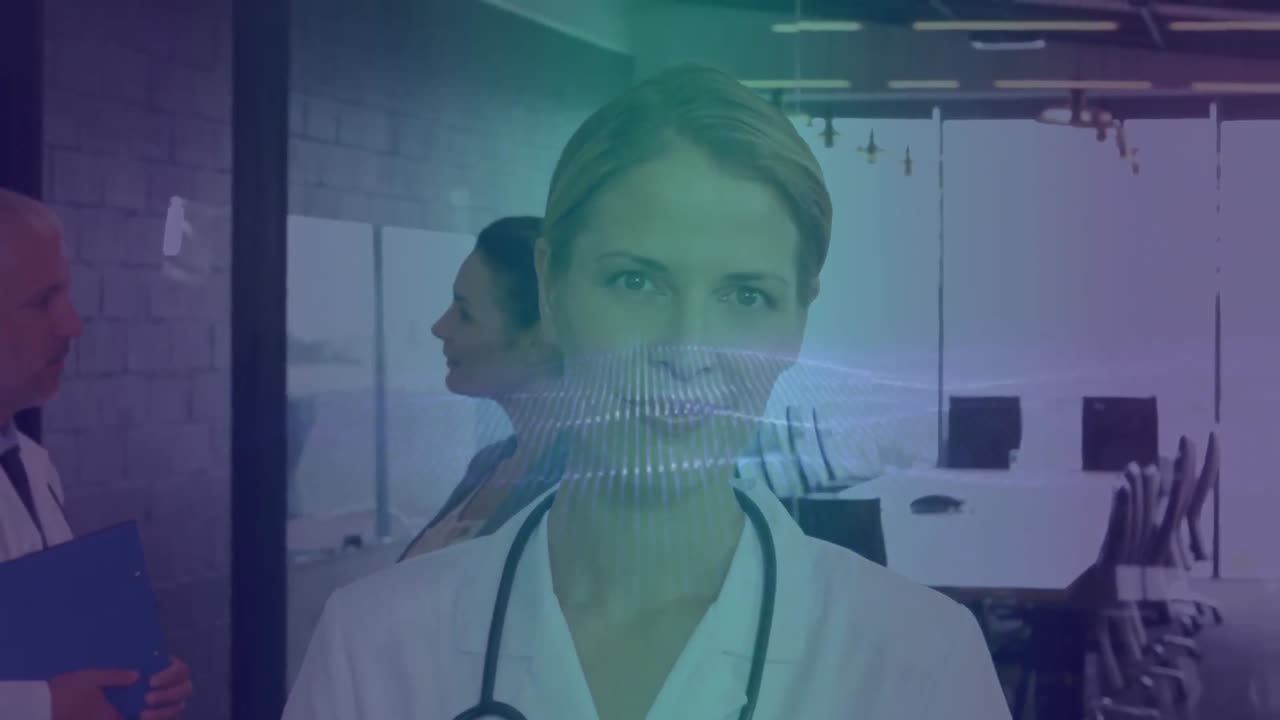 Animação de pontos sobre uma médica caucasiana sorrindo.