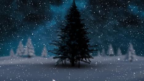 Animation-of-snow-falling-over-fir-trees-and-winter-landscape