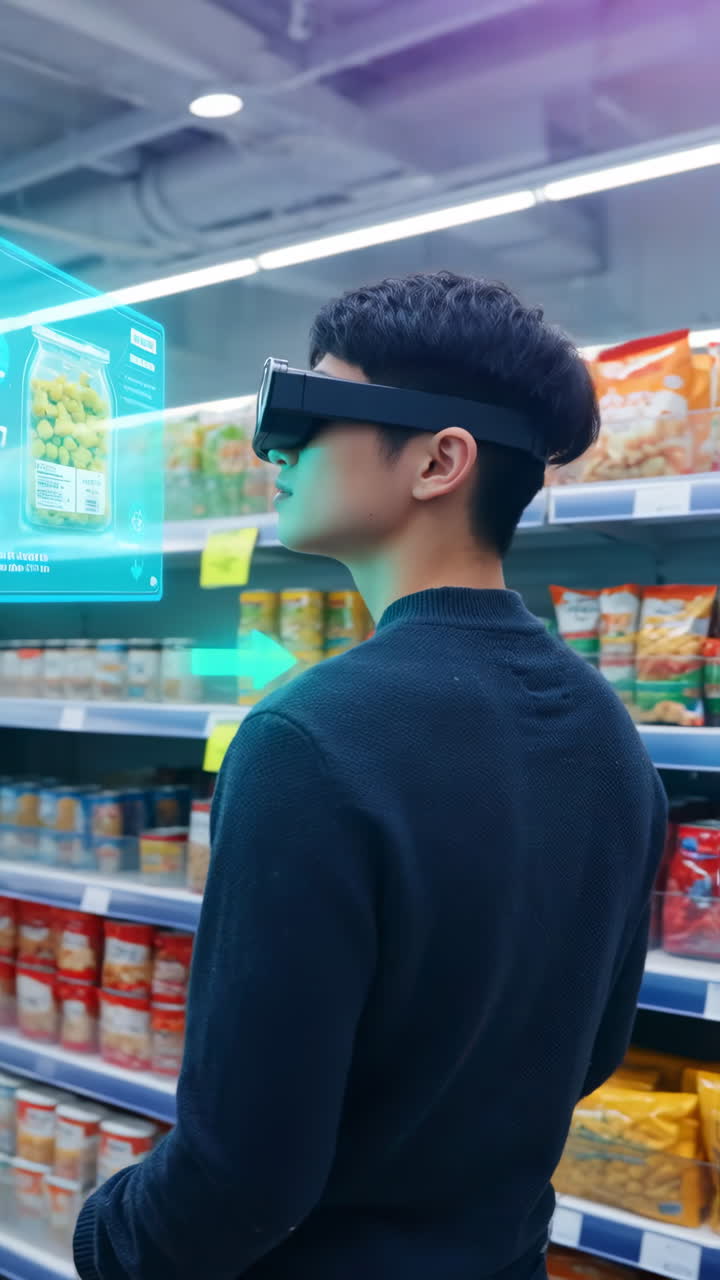 Man using augmented reality glasses for a futuristic shopping experience in a supermarket