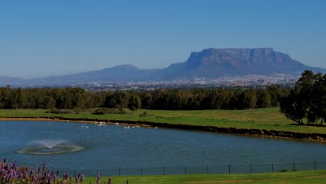 Vista-Lejana-De-La-Majestuosa-Montaña-De-La-Mesa-Y-Ciudad-Del-Cabo,-Con-Una-Presa-Y-Una-Fuente-Rociando-Agua-En-Primer-Plano