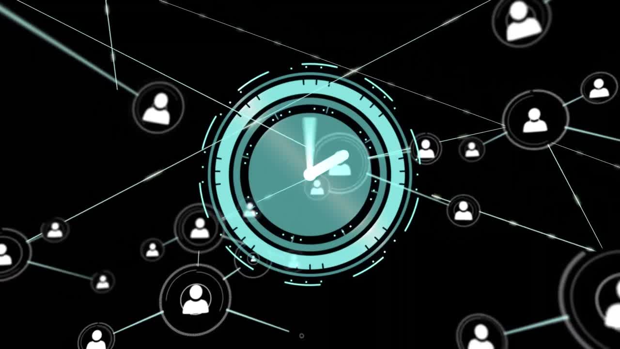 Animation of network of connections with icons and clock moving over black background