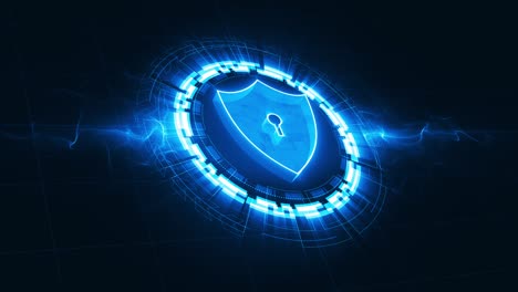 motion graphic of blue security shield with rotation circle technology abstract background, network security concept