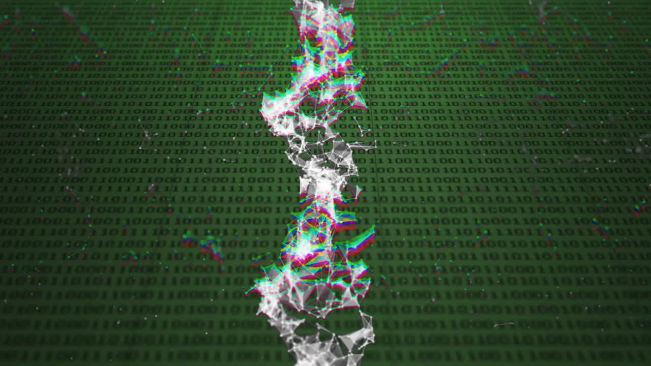 Binary grid scrolling sparking network emerging from top pulsing RGB glitches visualizing data flow
