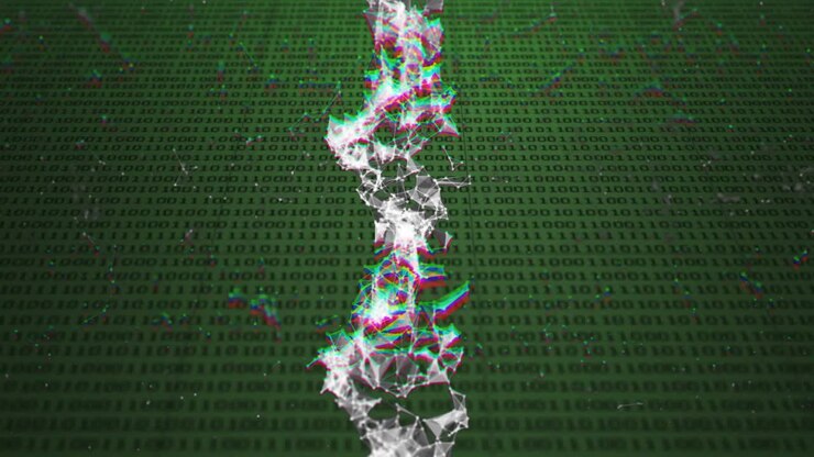 Binäres Gitter scrollt, ein funkelndes Netzwerk entsteht von oben, pulsierende RGB-Störungen visualisieren den Datenfluss.