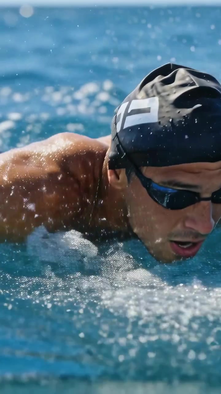 Vertikales Video: Männlicher Schwimmer mit Badekappe beim Freistil-Training im Meer, Startgleiten.