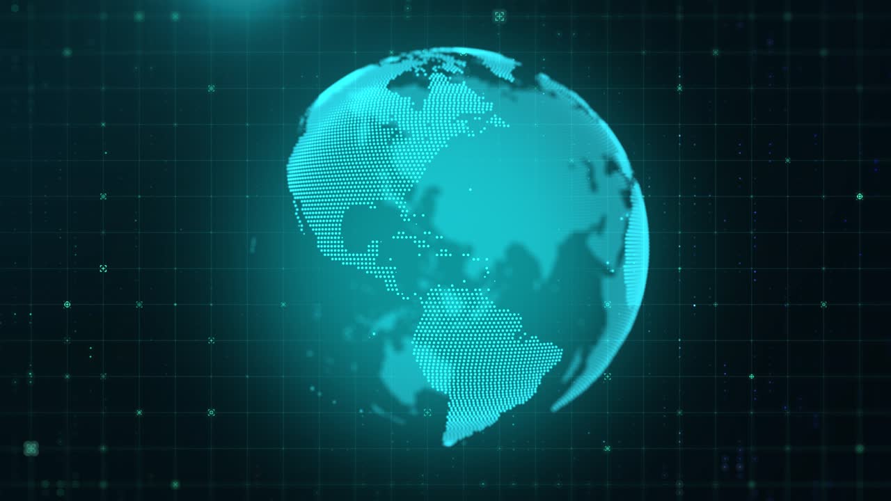 Looping Rotating Blue Digital Earth Globe Made of Dots on Grid Background, Global Business, International News and Technology Concept