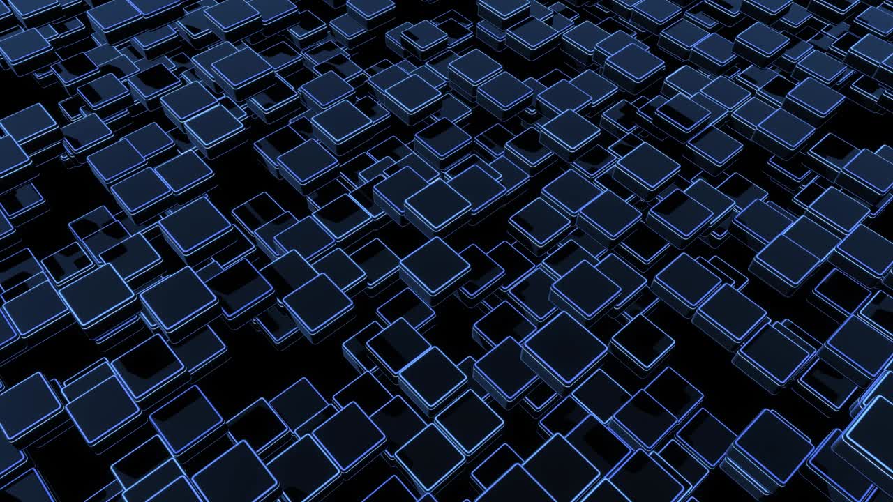 4k abstract looped dark background waves of cubes on plane, neon lights. Grid of cubes like blue neon bulbs. VJ cyberpunk neon style bg for event, presentation. Classic simple motion design backdrop