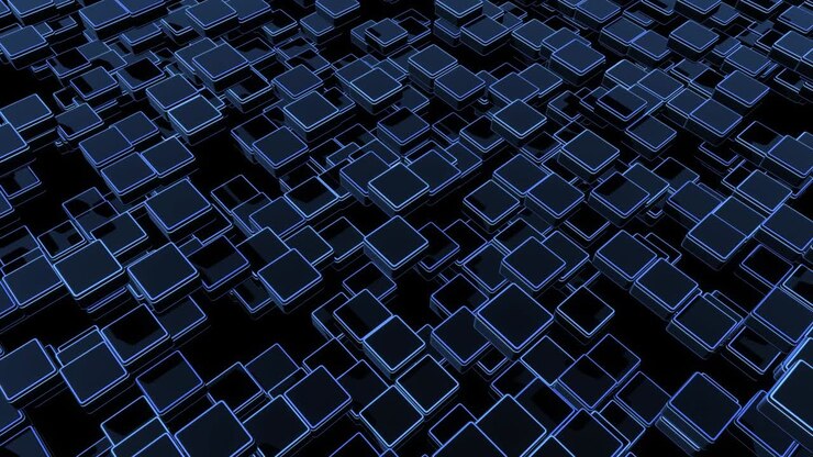 4k abstract looped dark background waves of cubes on plane, neon lights. Grid of cubes like blue neon bulbs. VJ cyberpunk neon style bg for event, presentation. Classic simple motion design backdrop