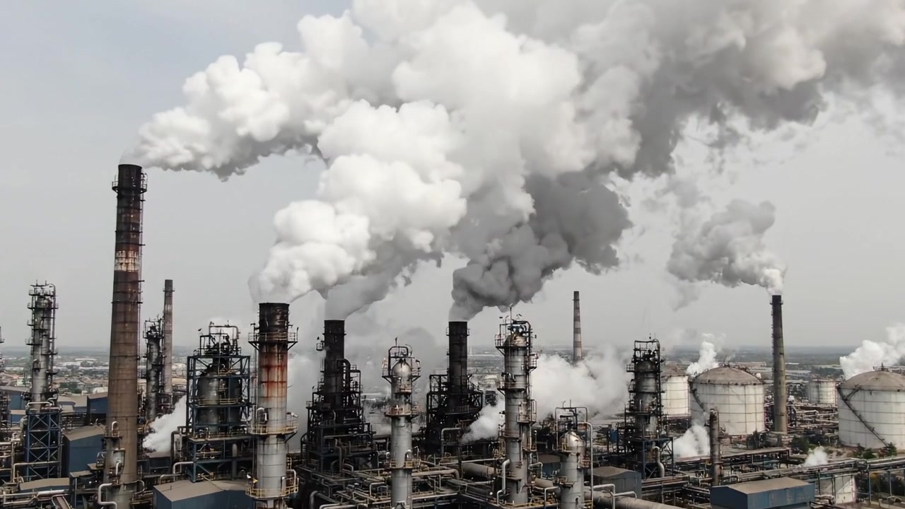 Aerial Overview of Industrial Area with Smoking Chimneys and Emissions, Highlighting Environmental Concerns and the Scale of Heavy Industry Operations