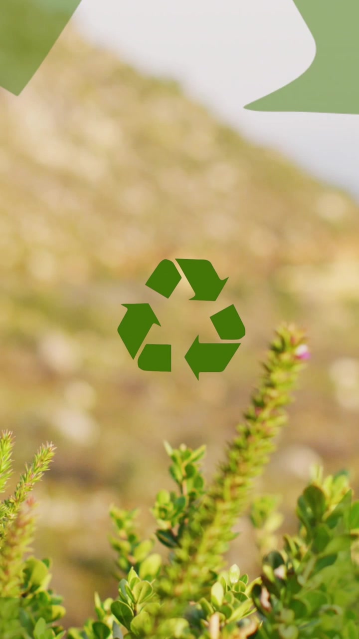 Animación de iconos de reciclaje, sostenibilidad y ecología sobre un paisaje.