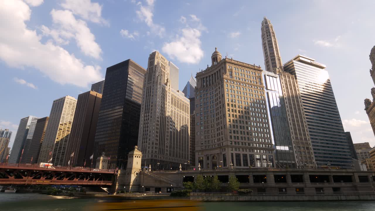 Panoramic view of Chicago city skyline with towering skyscrapers along the river, featuring modern architecture and historical buildings under partly cloudy sky, capturing urban vitality