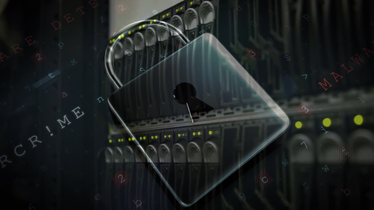 animación de advertencia de ataque cibernético y candado sobre la sala del servidor