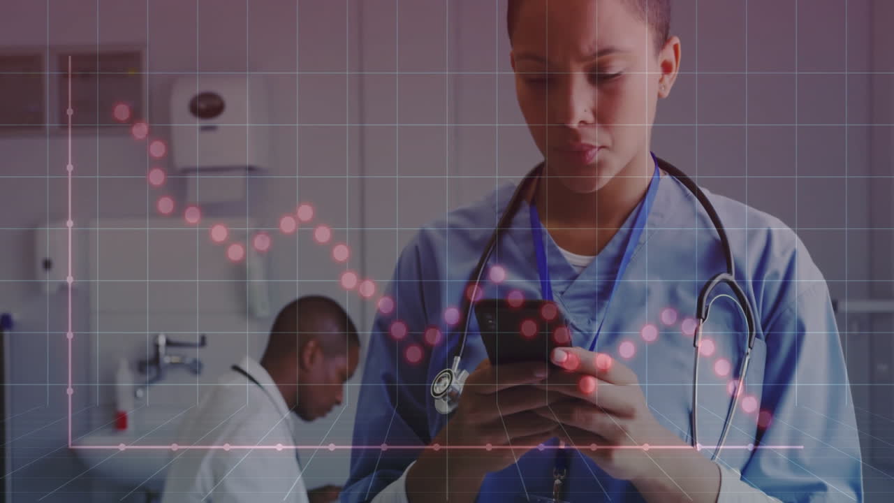 Animation of diagrams over biracial female doctor using smartphone