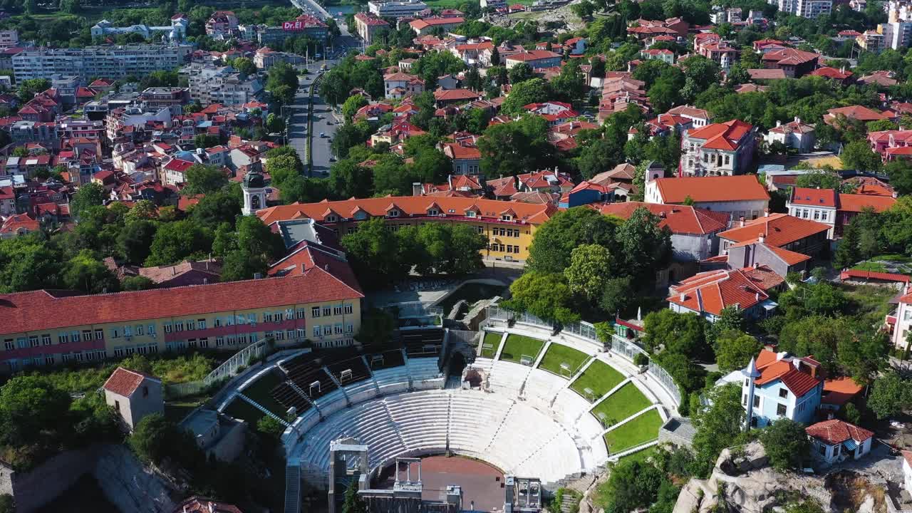Aerial view of ancient roman  theater of Philip philippopolis in Plovdiv Bulgaria.