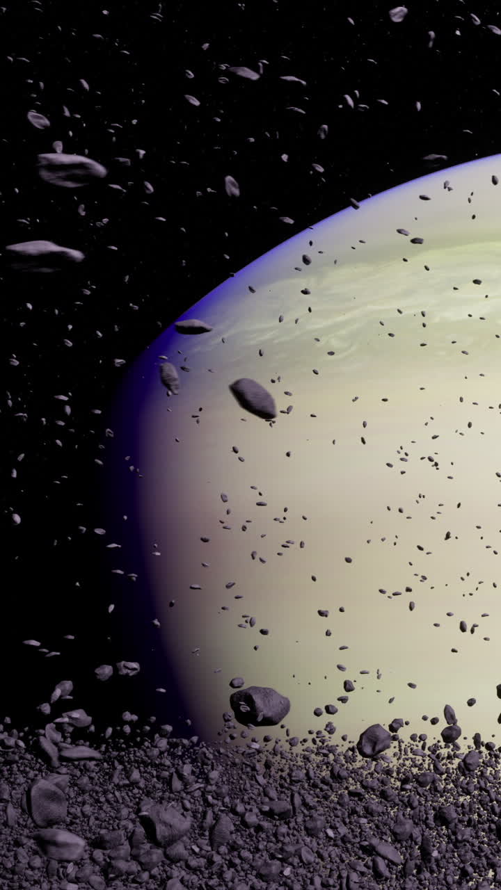 Majestic rings of a distant planet surrounded by swirling asteroids