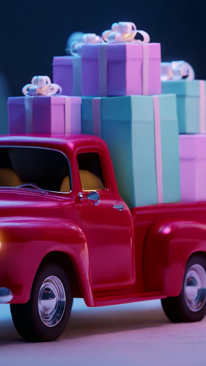 A Vibrant Red Toy Truck Loaded with Colorful Gift Boxes, Perfect for Holiday Celebrations, Capturing the Essence of Joy and Excitement in a Whimsical and Festive Display of Cheerful Decorations
