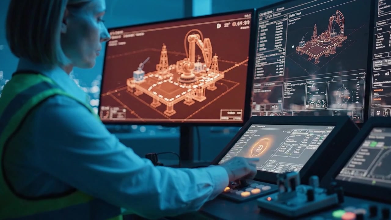 Female Engineer Operating Industrial Control System with 3D Model