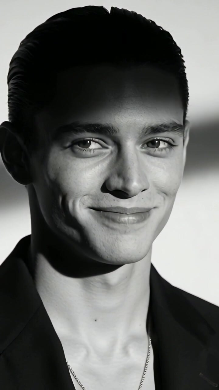 Vertical video: Frame widening, model shifting gaze smiling posing for portrait in studio, blazer