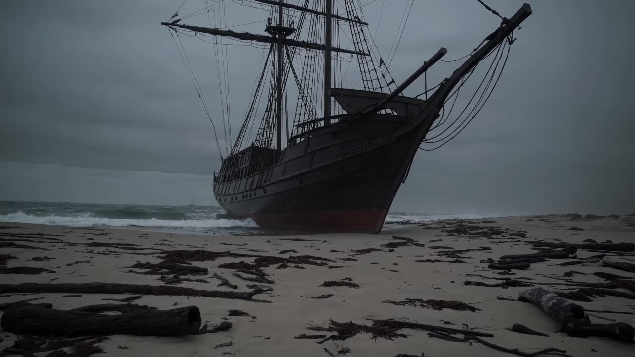 A dramatic, low-angle shot of a ghostly ship on a foggy beach, evoking a mysterious, cinematic video