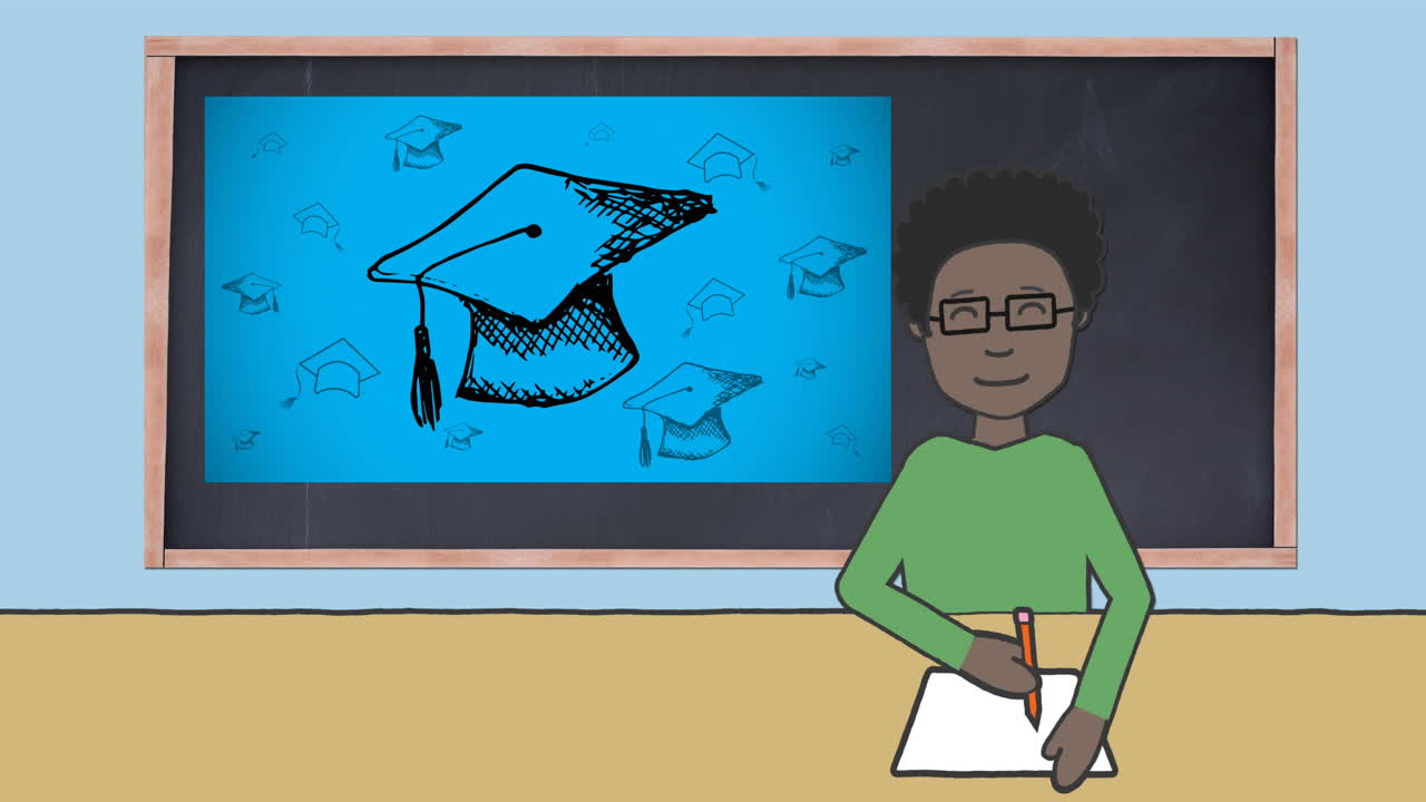 Animation of schoolboy taking notes over blackboard with school items icons on blue background