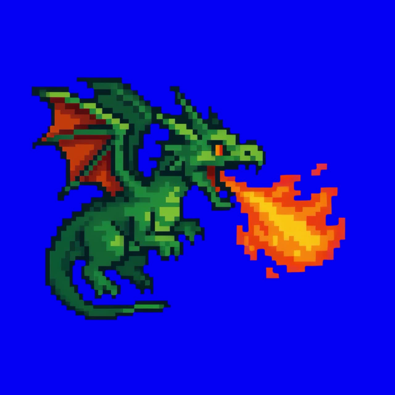 Animazione di un drago pixelato che sputa fuoco, video 4K trasparente, schermo verde.