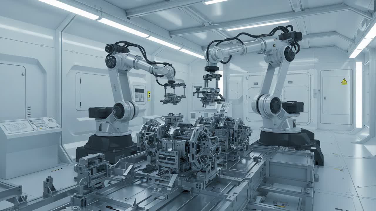 Advanced Robotic Arms Operating in a High-Tech Assembly Line, Focused on Precision Engineering and Automated Manufacturing Processes