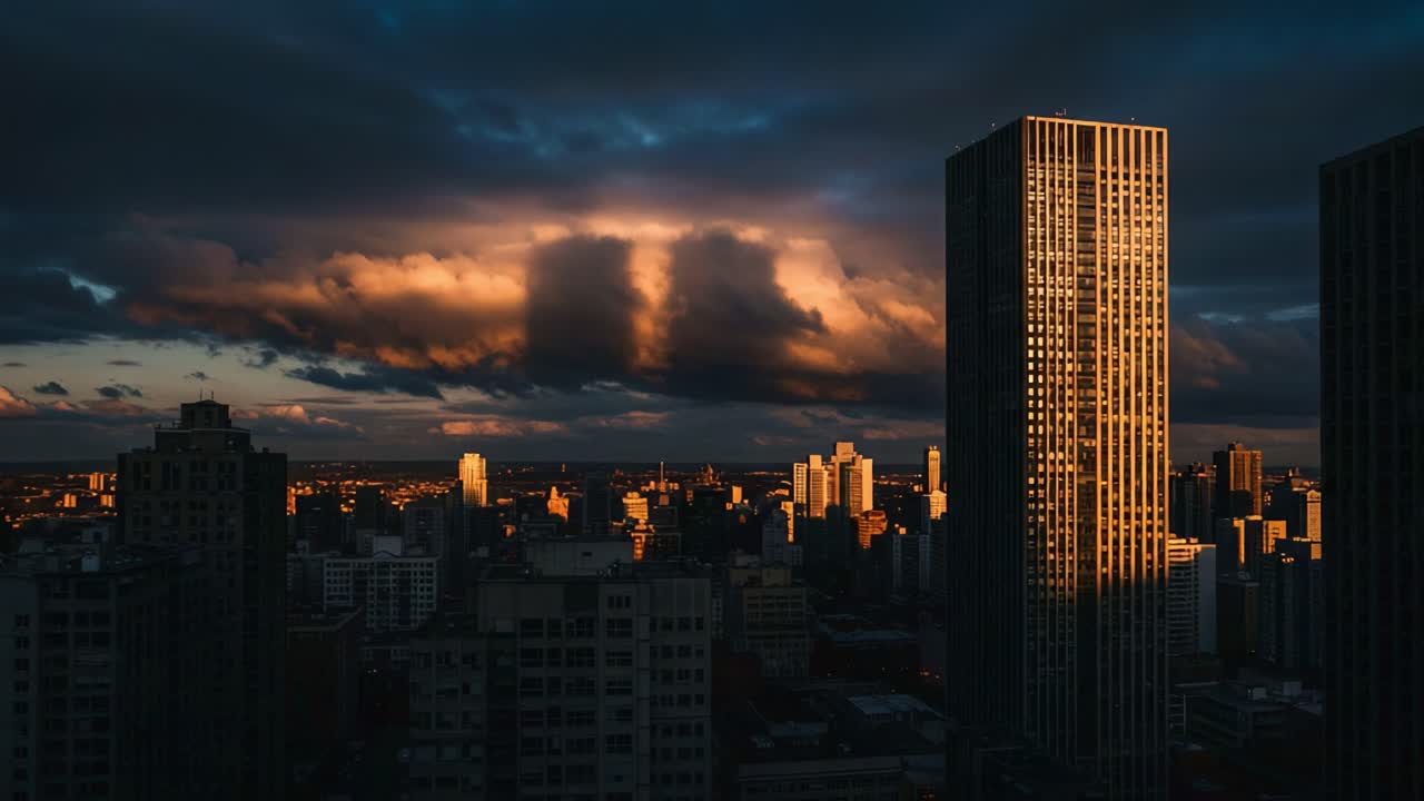Majestic Urban Skyscraper Silhouetted Against Dramatic Cloudscape at Dusk, Capturing the Beauty of City Life Amidst Golden Sunset Reflections