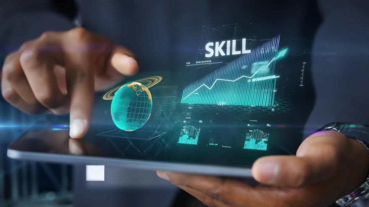 Business Professional Interacting with Holographic Data on Tablet