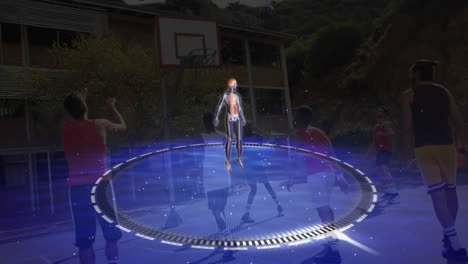 animation of human body spinning and scopes scanning over basketball game