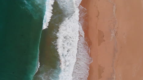 aerial top down view of beautiful sandy beach, green water ocean and waves crashing on sea shore