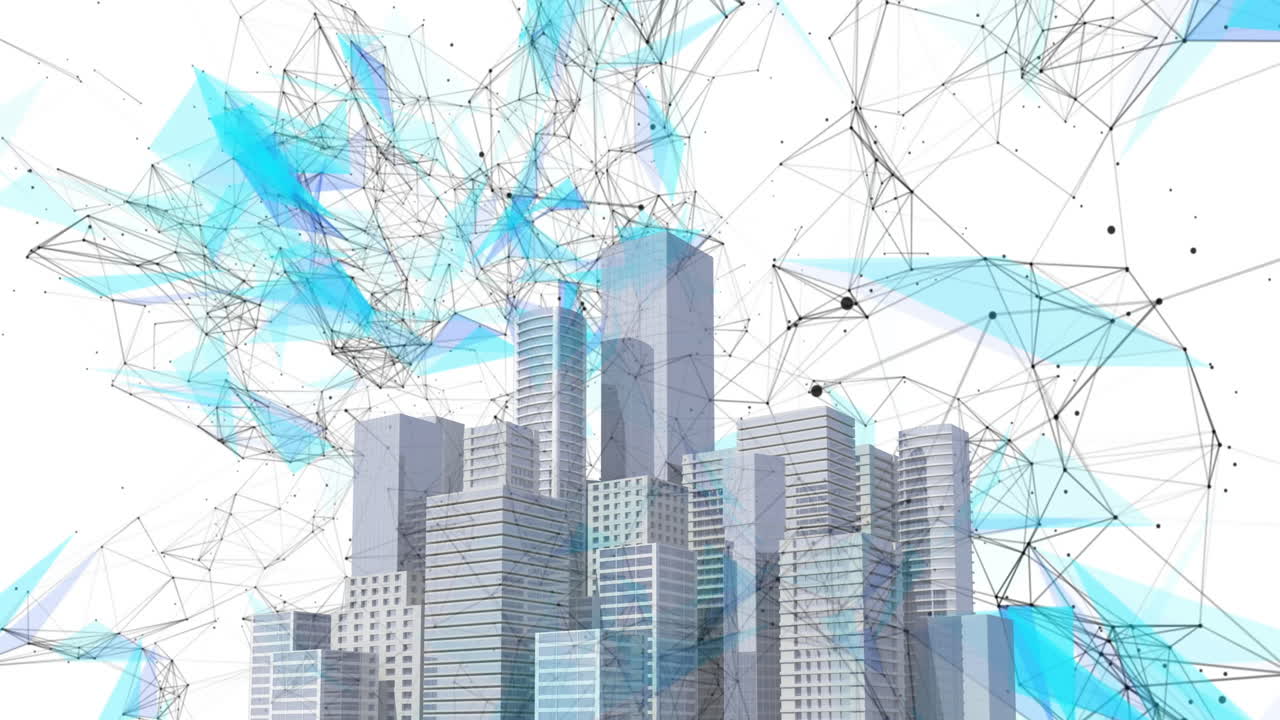 Network of connections against modern buildings on white background