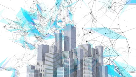 red de conexiones contra edificios modernos sobre un fondo blanco