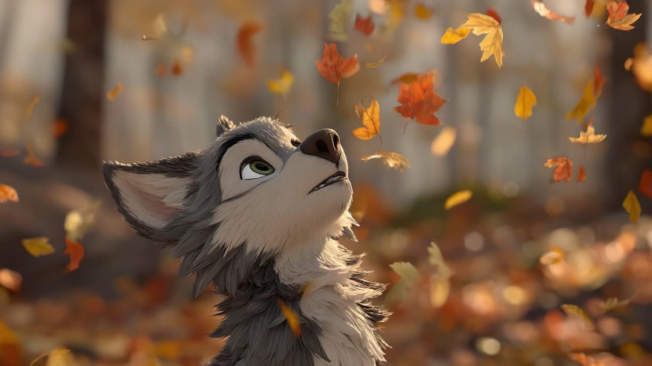 A Whimsical Animated Wolf Character Captivated by Falling Autumn Leaves in a Vibrant Forest Setting, Showcasing the Beauty of Nature and Animation Techniques