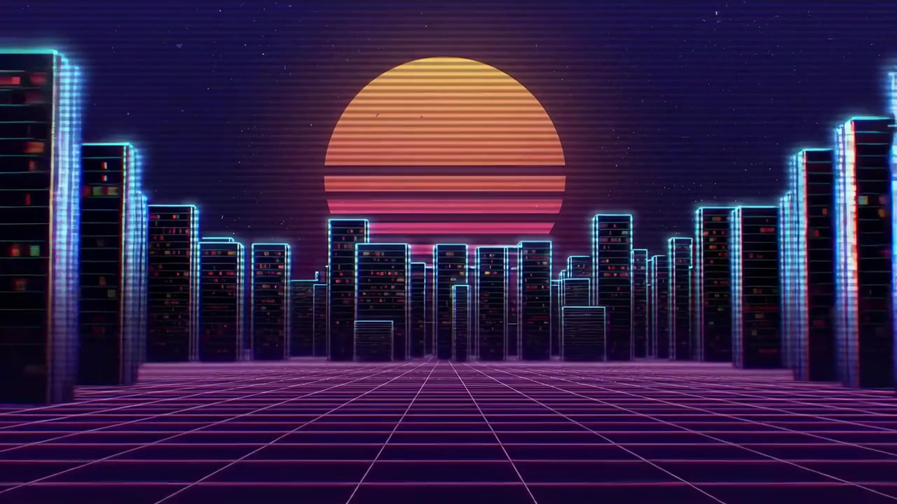 Animazione retro synthwave con vari oggetti digitali ed effetti glitch