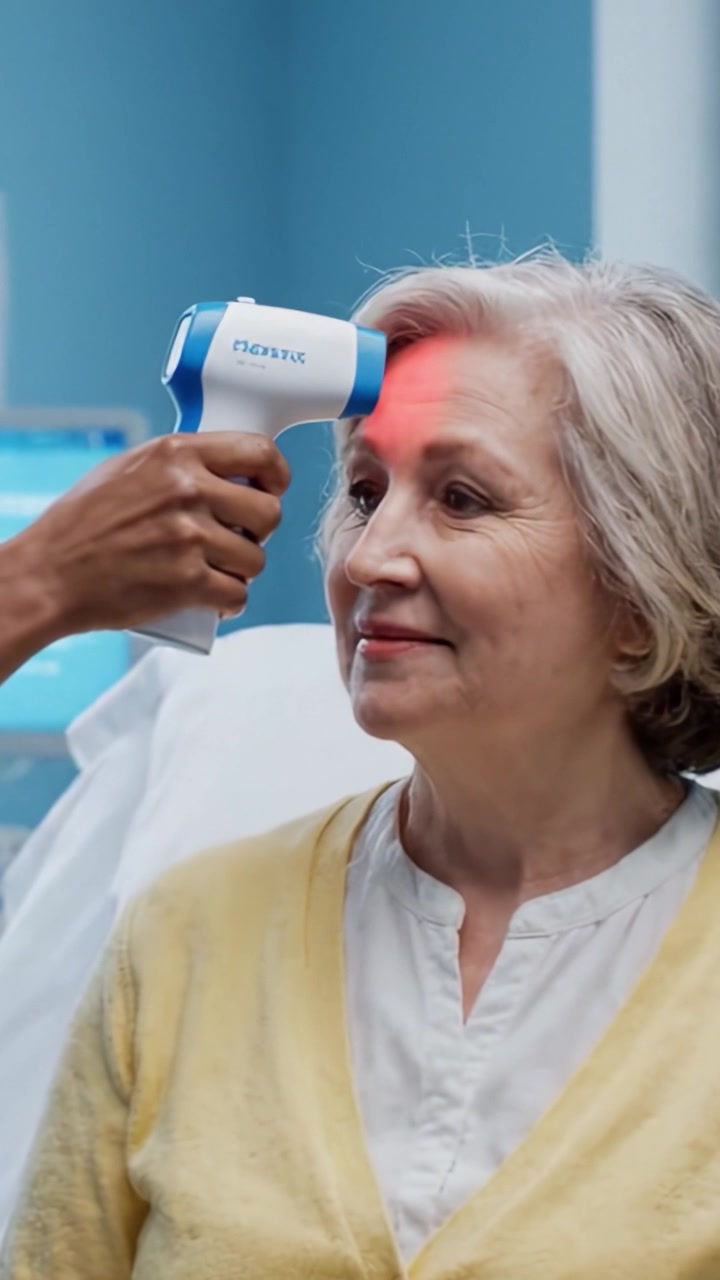 Un momento caloroso di connessione: Un'anziana donna che sorride in un ambiente medico, mostrando compassione e cura negli ambienti sanitari.