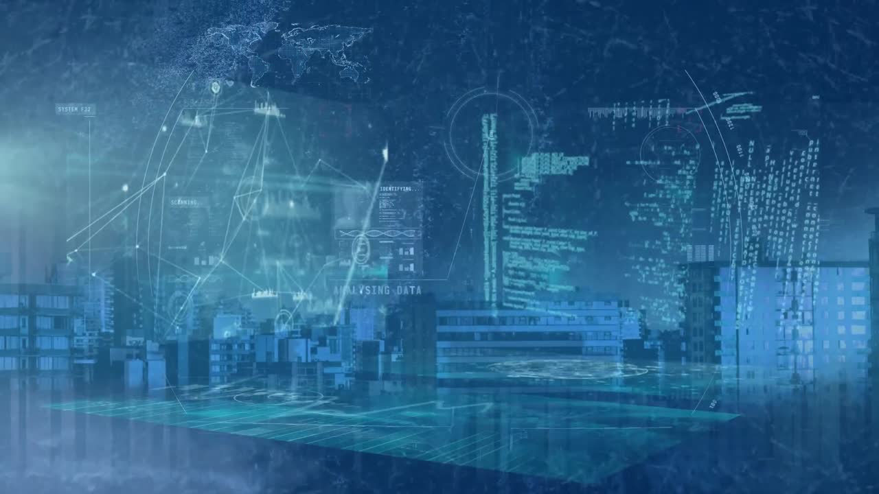 Animation of data processing over cityscape