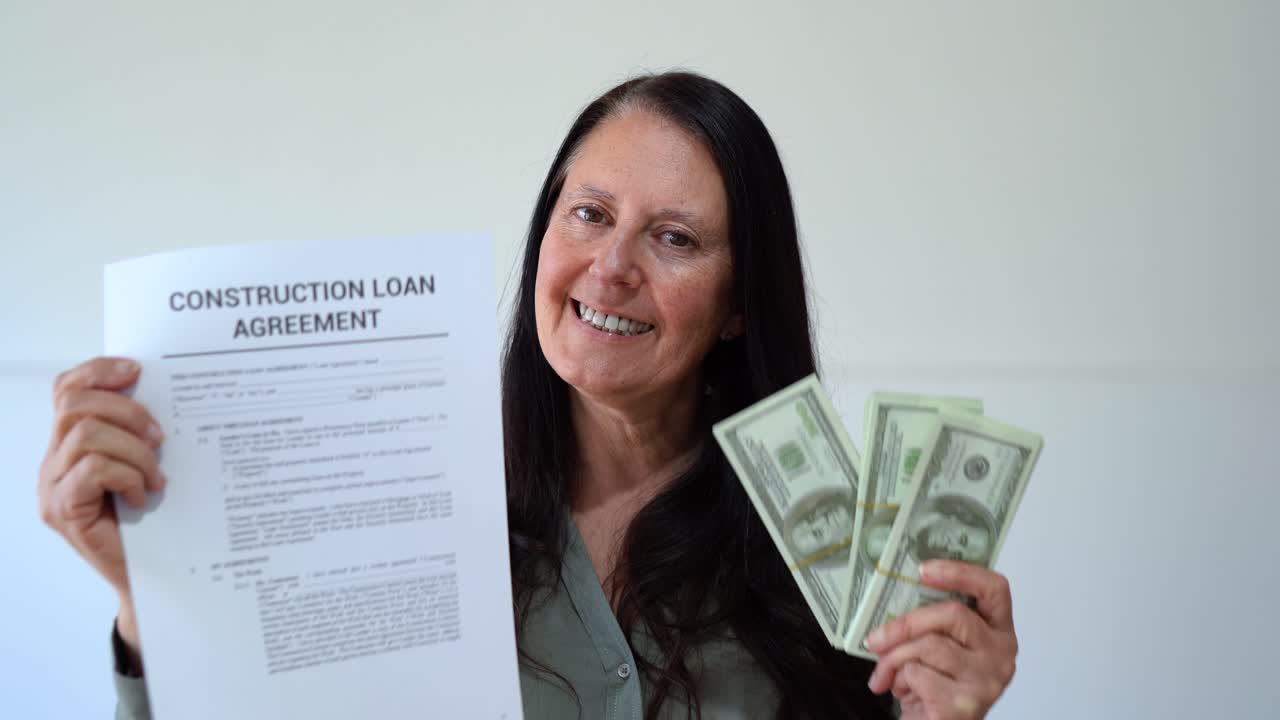 Woman holding construction loan agreement and cash. Concept of getting in debt to build your house