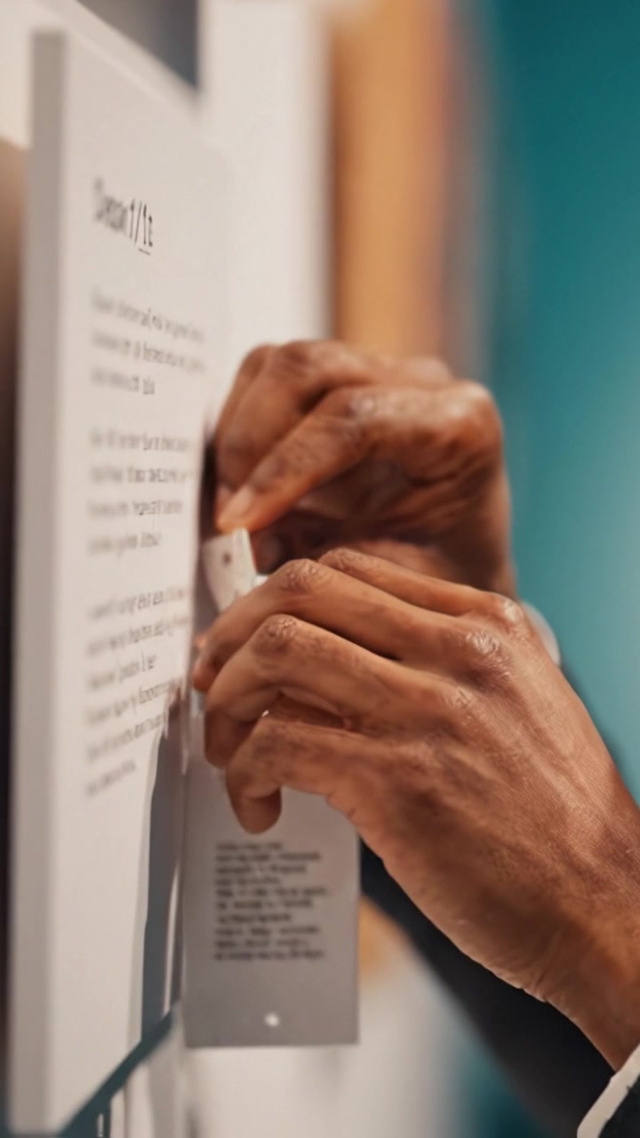 Detailed View of an Art Exhibit: Close-up of Informative Labels and Tags Displayed on a Gallery Wall Highlighting Artistic Context and Information