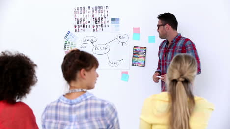 handsome designer pointing at a plan on a wall