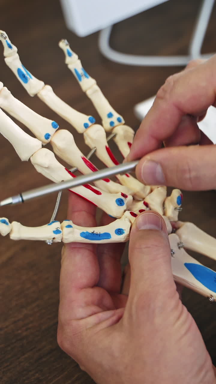 Male doctor holding hand skeleton model. Specialist explain the work of joints of fingers on artificial model. Medical care concept. Vertical video