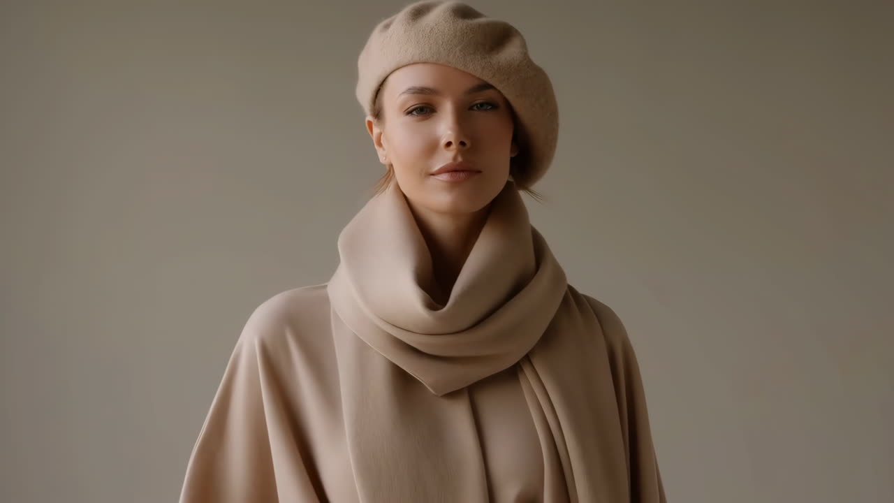 Elegant Woman in Beige Beret and Scarf