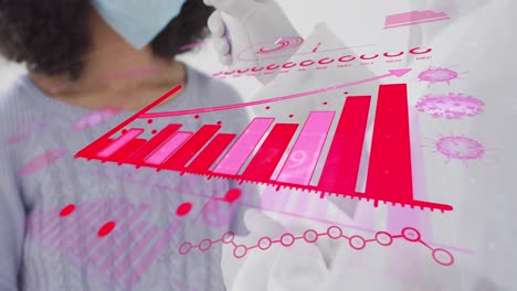 animation of coronavirus cells and diagram over doctor taking temperature of mixed race woman