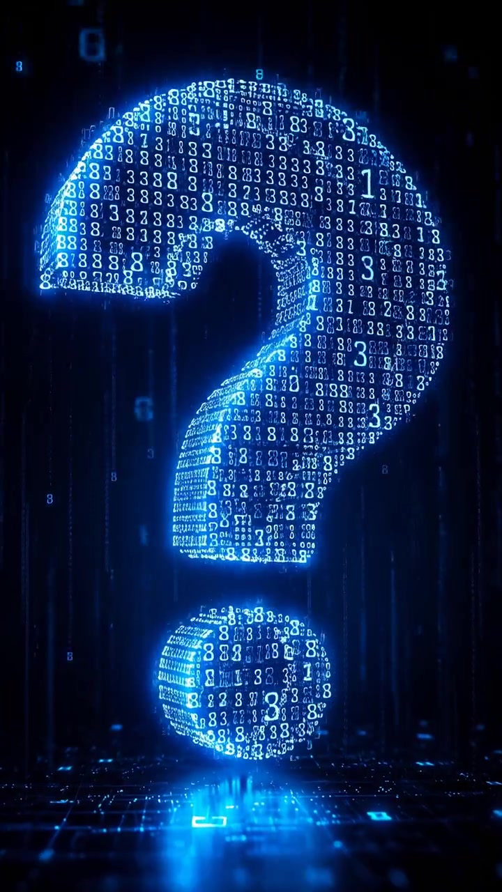 Glowing Blue Digital Question Mark Composed Of Binary Digits, Hovering Above Reflective Circuit Grid