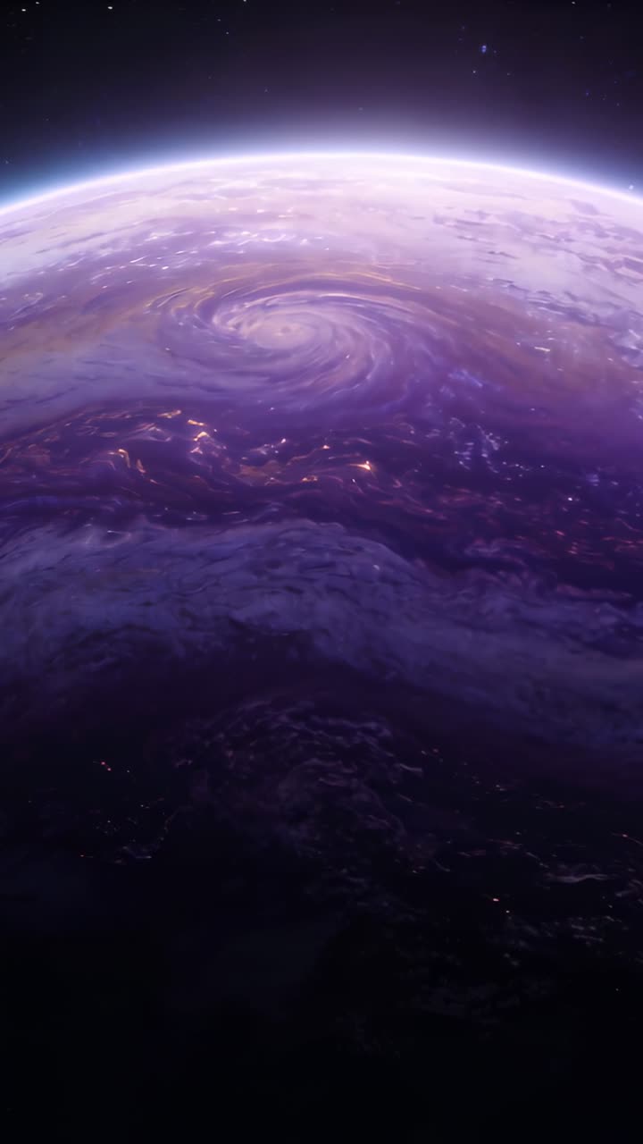 Vertical video: Pulling back, camera showing planet curvature in orbit, revealing purple cyclone