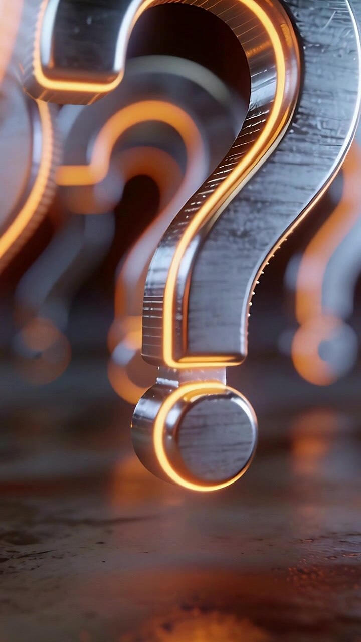Vertical video: Pulling camera back revealing metal question mark glowing neon-rimmed on studio set