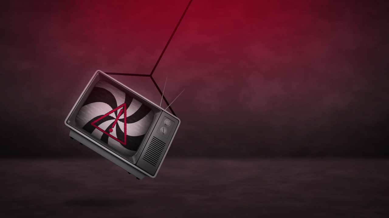 animación de espiral de líneas blancas y negras sobre señal de advertencia en la televisión colgada.