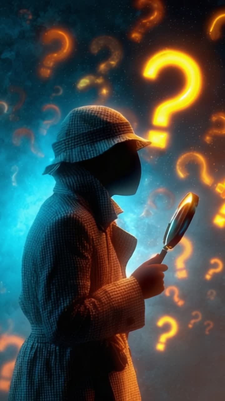 A Mysterious Figure in a Hat Holding a Magnifying Glass Surrounded by Glowing Question Marks in a Dark and Enigmatic Atmosphere of Intrigue and Curiosity