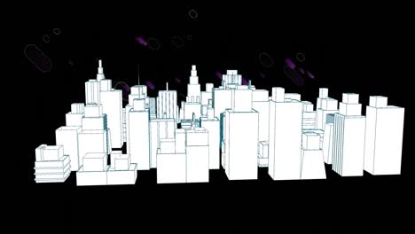 animation of purple trails of lights over 3d cityscape drawing