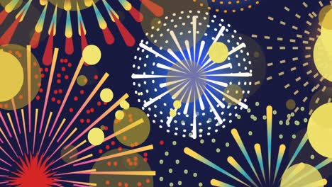 Animation-of-colourful-firework-explosions-and-bokeh-yellow-light-spots-on-black-background