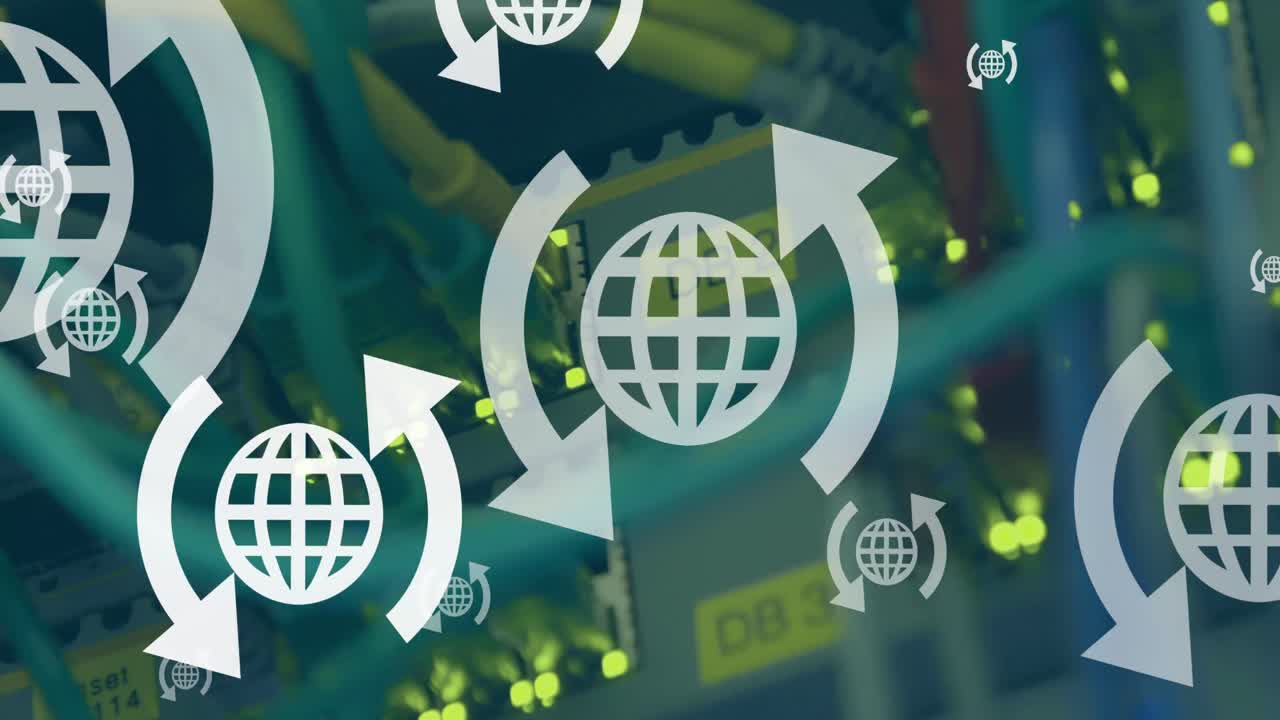 Multiple web icons floating over close up of a computer server